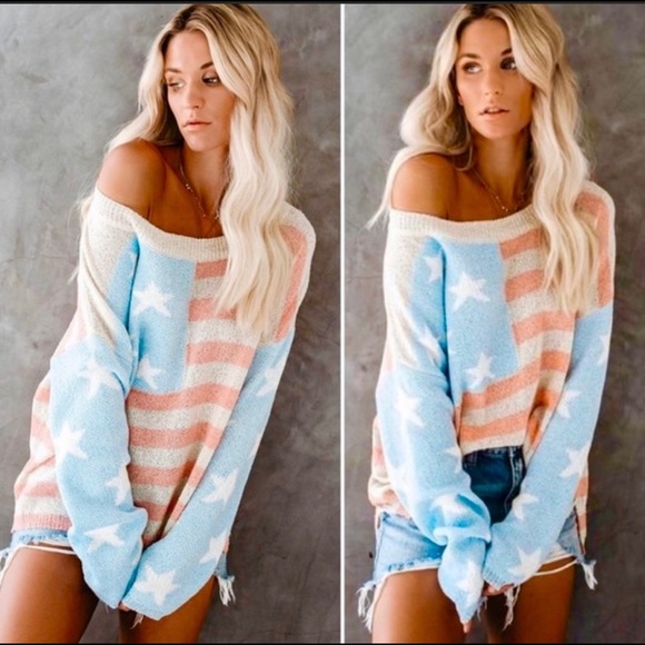 Vici Sweaters - VICI Womens Small Stars and Stripes American Flag Relaxed Knit Pullover Sweater
